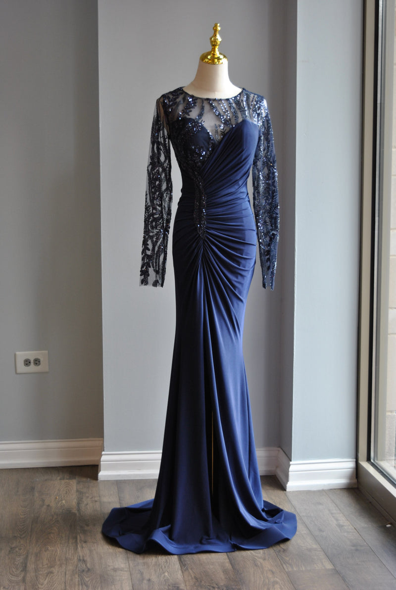 NAVY BLUE LONG EVENING DRESS WITH SHEER TOP