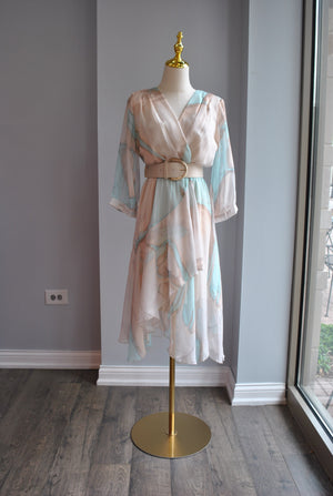 TURQUOISE AND BEIGE OMBRE MIDI FLOWY SUMMER DRESS