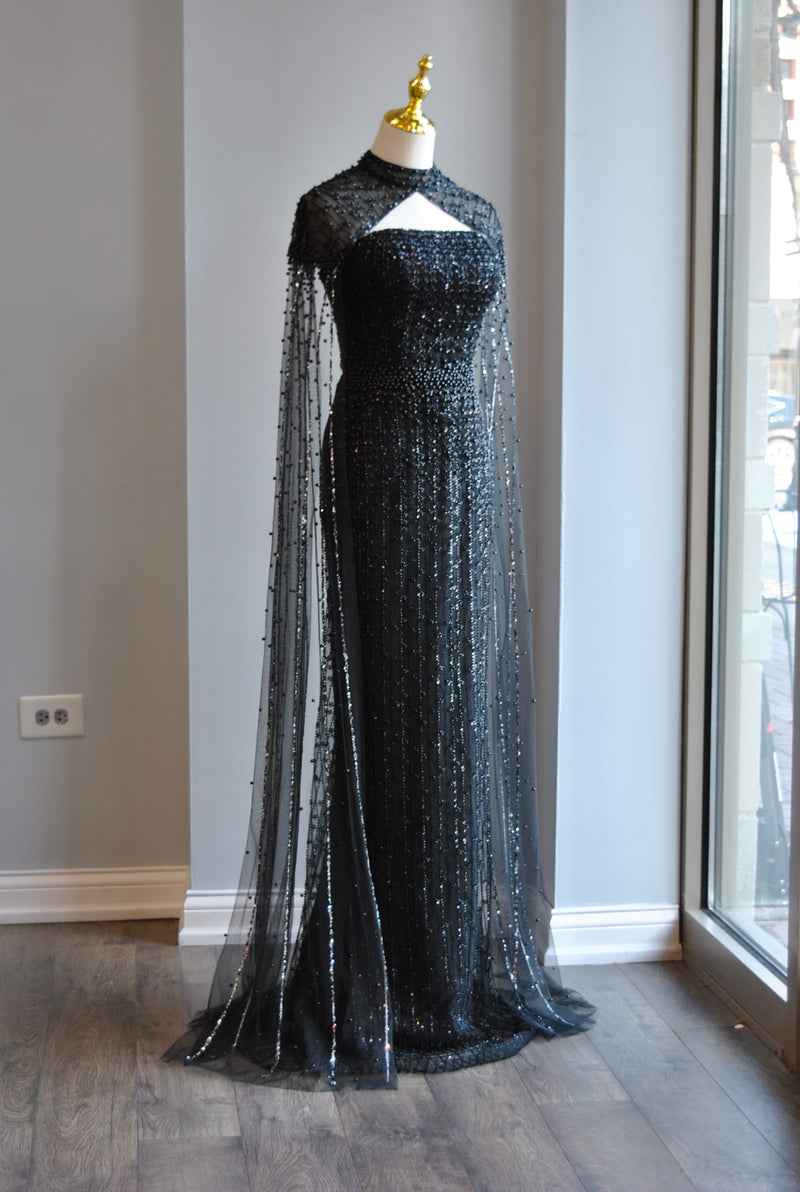 BLACK BEADED LONG EVENING GOWN WITH A CAPE