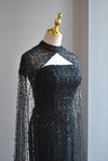 BLACK BEADED LONG EVENING GOWN WITH A CAPE