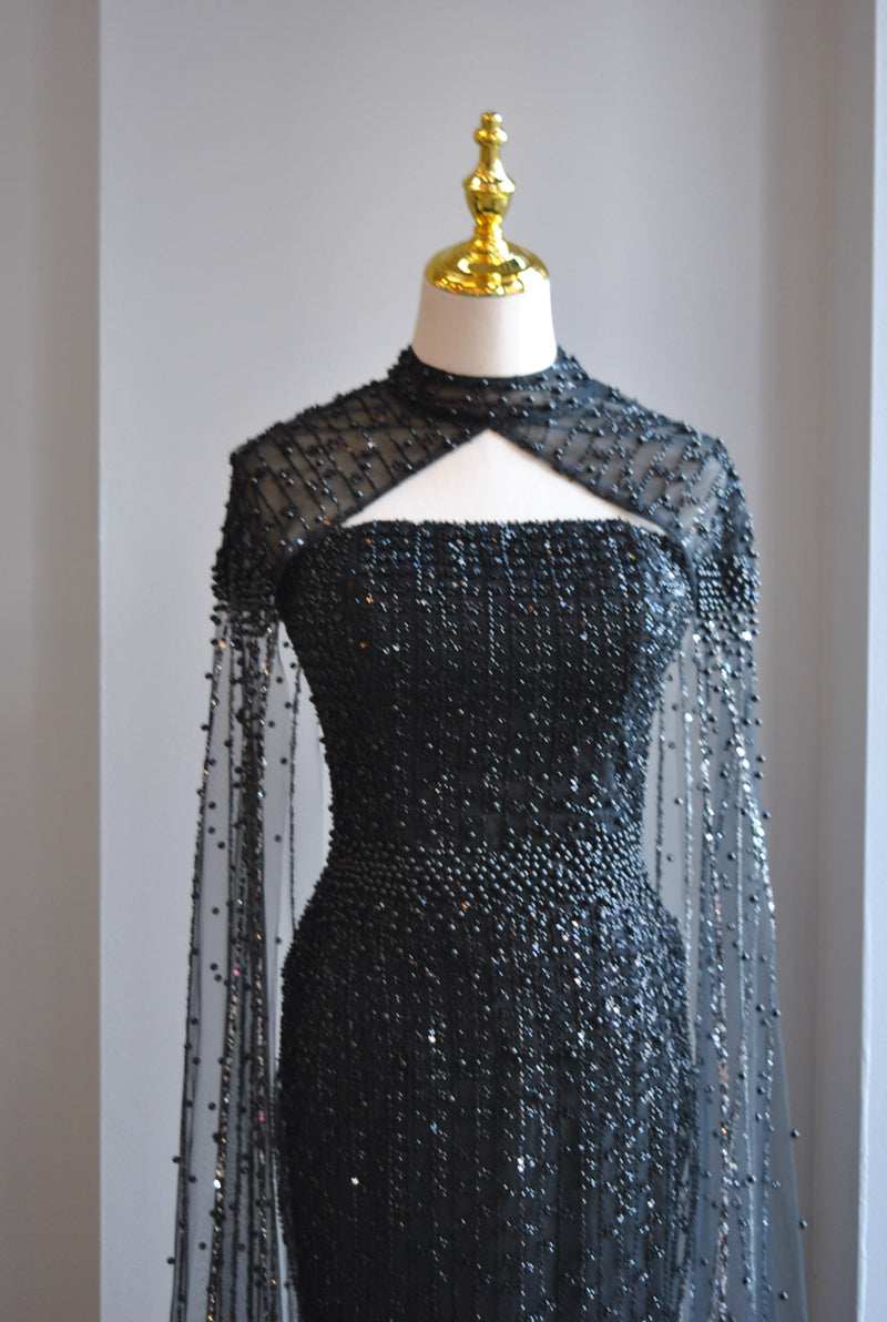 BLACK BEADED LONG EVENING GOWN WITH A CAPE