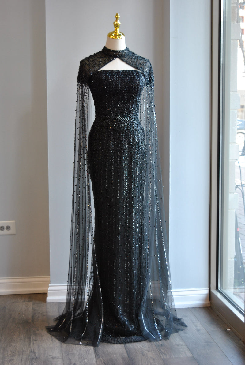 BLACK BEADED LONG EVENING GOWN WITH A CAPE