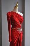 RED ASYMMETRIC ONE SHOULDER LONG EVENING GOWN WITH CRYSTALS