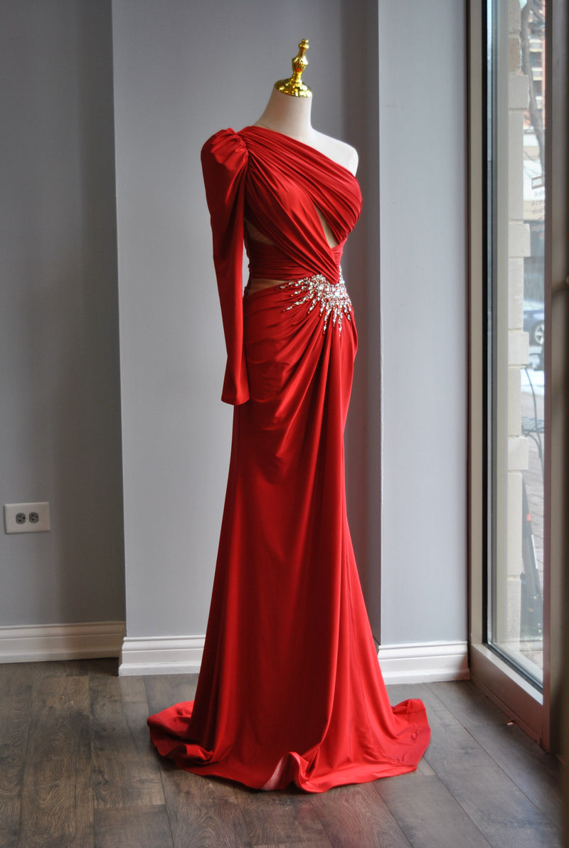 RED ASYMMETRIC ONE SHOULDER LONG EVENING GOWN WITH CRYSTALS