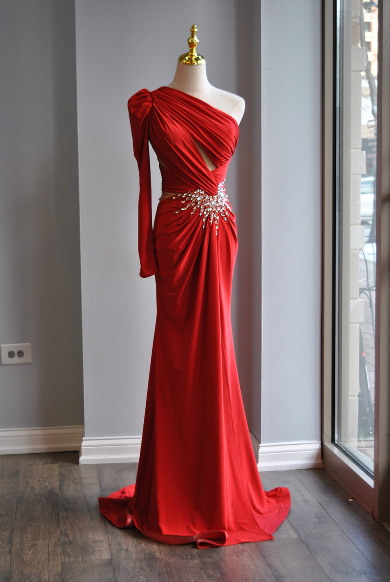 RED ASYMMETRIC ONE SHOULDER LONG EVENING GOWN WITH CRYSTALS