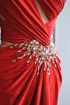 RED ASYMMETRIC ONE SHOULDER LONG EVENING GOWN WITH CRYSTALS