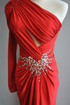 RED ASYMMETRIC ONE SHOULDER LONG EVENING GOWN WITH CRYSTALS