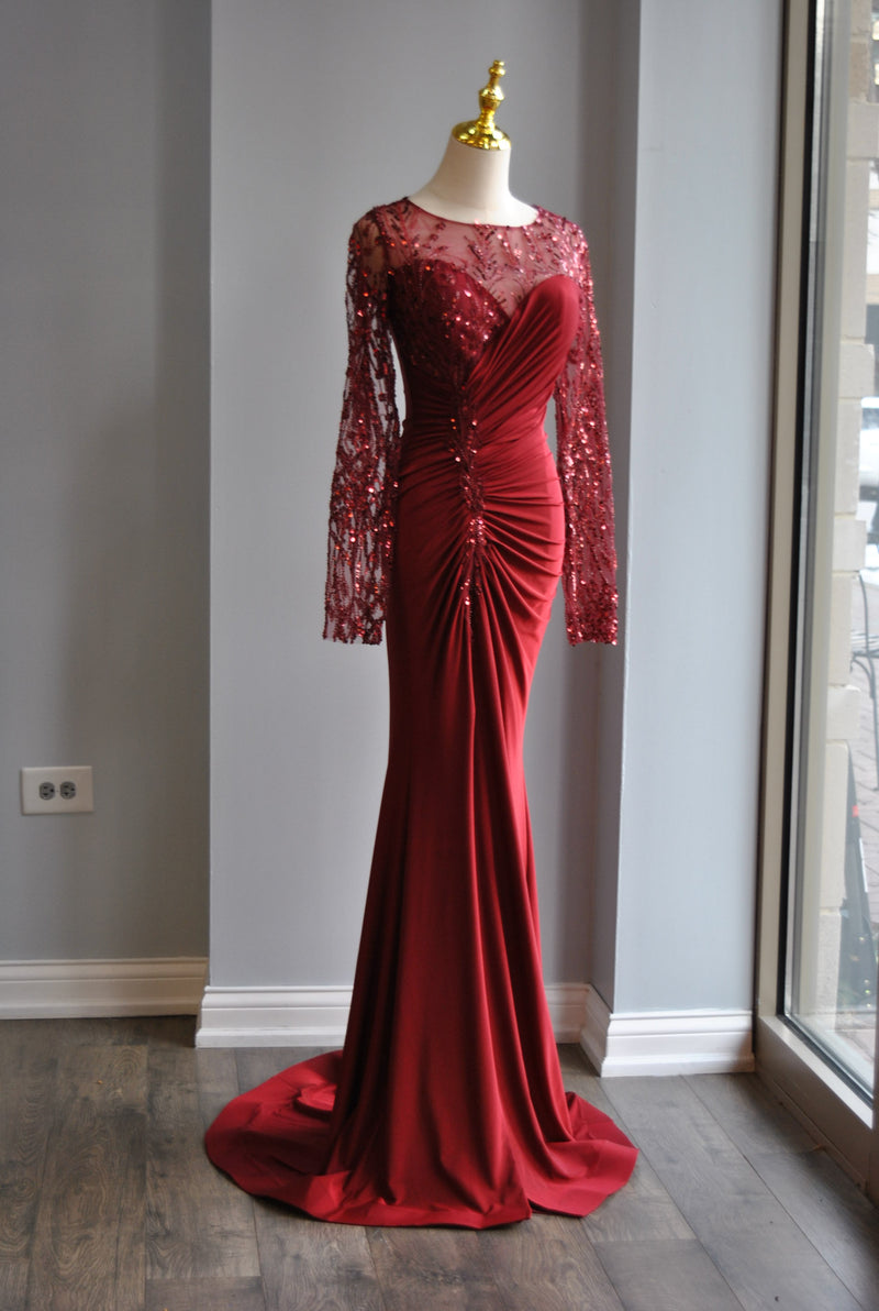 BURGUNDY LONG EVENING GOWN WITH SHEER TOP AND CRYSTALS