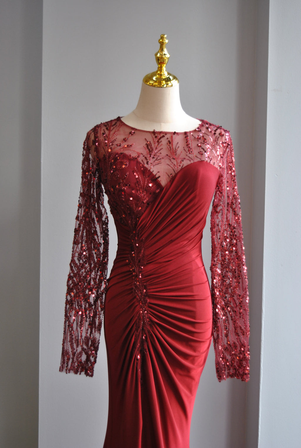 BURGUNDY LONG EVENING GOWN WITH SHEER TOP AND CRYSTALS