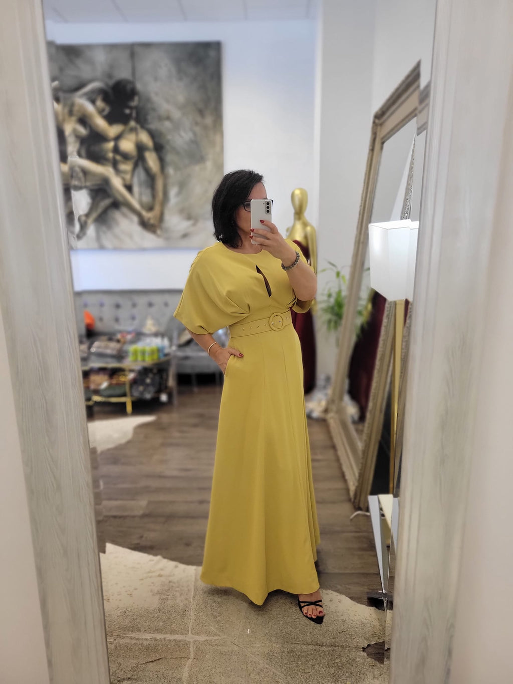 MUSTARD LONG DRESS WITH A BELT AND SIDE POCKETS