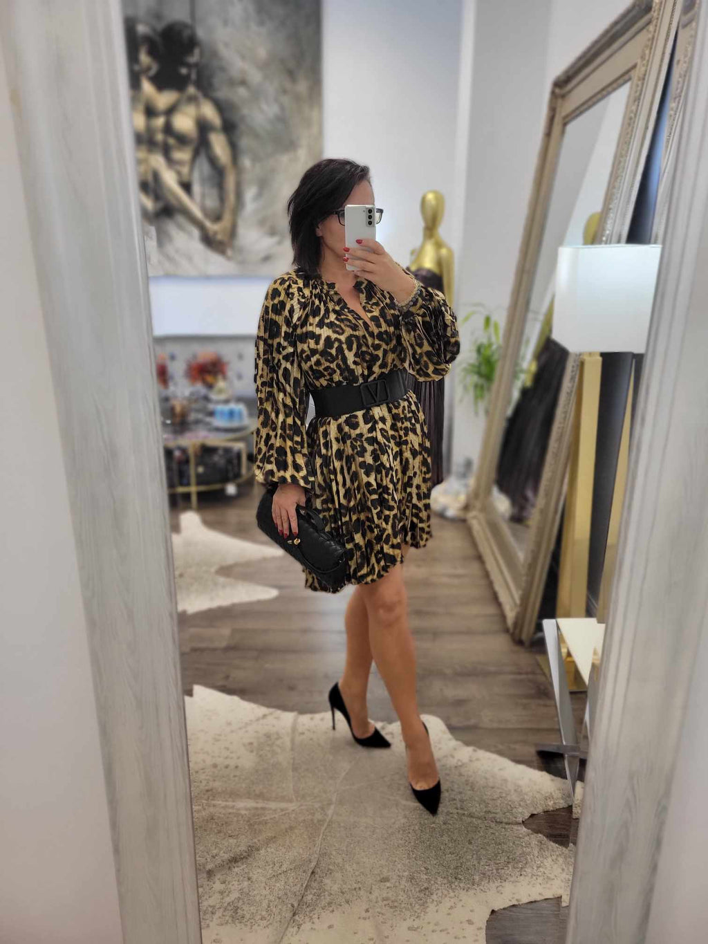 CHEETAH PRINT SILKY PLEATED TUNIC DRESS