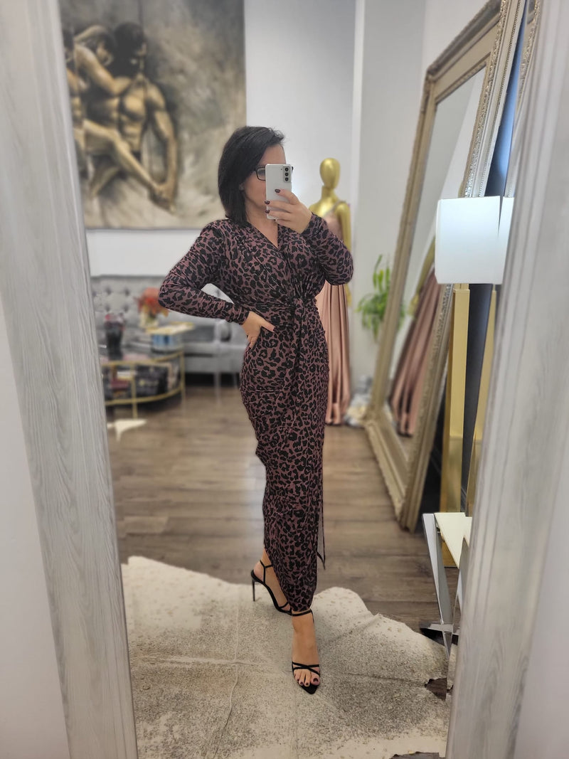 BROWN AND BLACK ANIMAL CHEETAH PRINT MIDI DRESS WITH FRONT RUSHING