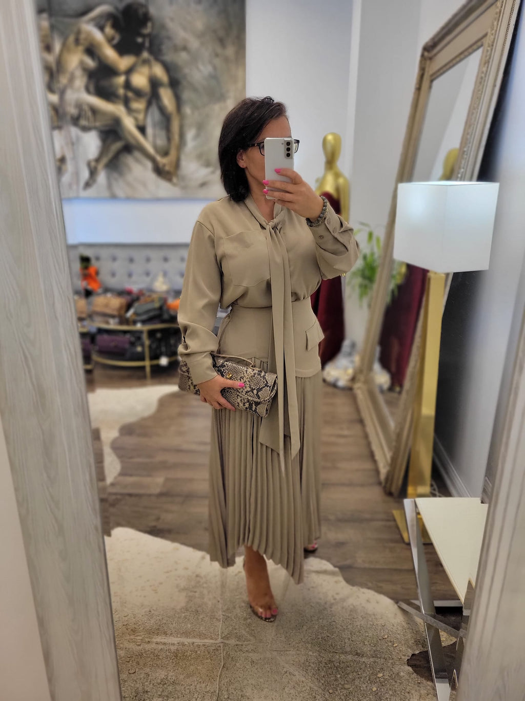 TAUPE SET OF MIDI PLEATED SKIRT AND A BLOUSE