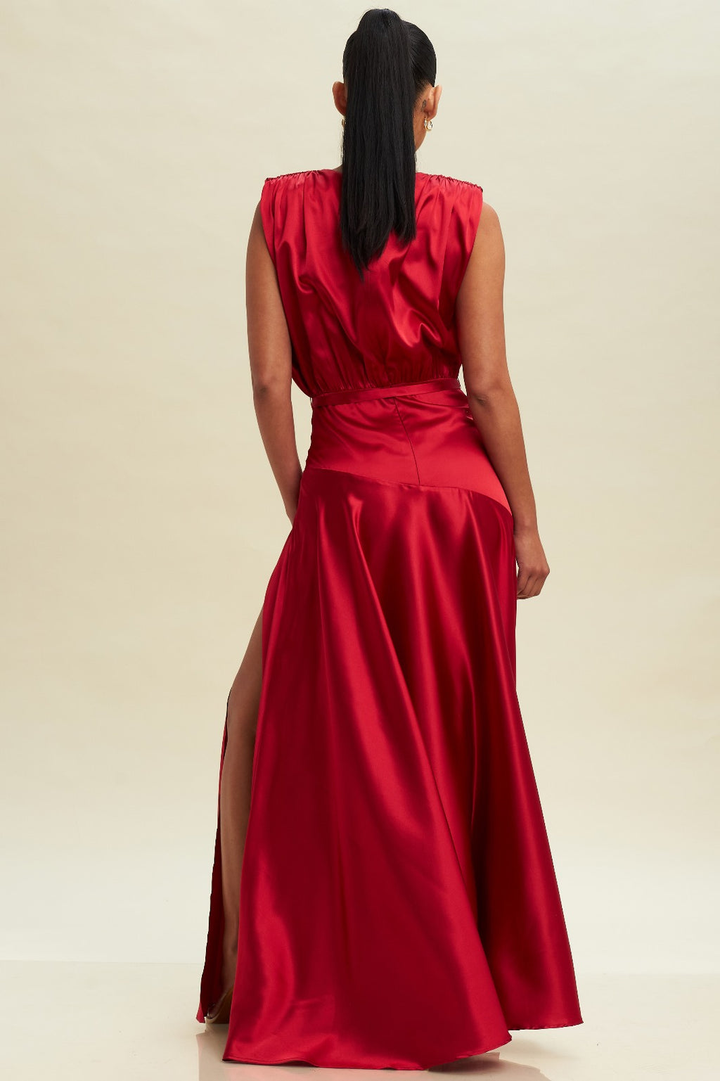 CLEARANCE - RED SILKY MAXI SUMMER DRESS WITH SIDE SLIT