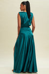 CLEARANCE - EMERALD GREEN SILKY LONG DRESS WITH SIDE SLIT