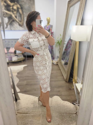 WHITE LACE MIDI DRESS WITH CRSTAL BUTTONS AND A BELT