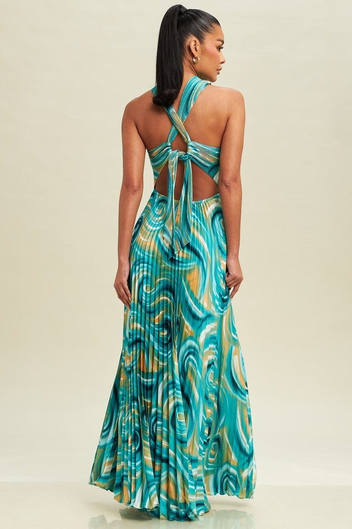 TEAL MULTI PLEATED MAXI DRESS WITH OPEN BACK