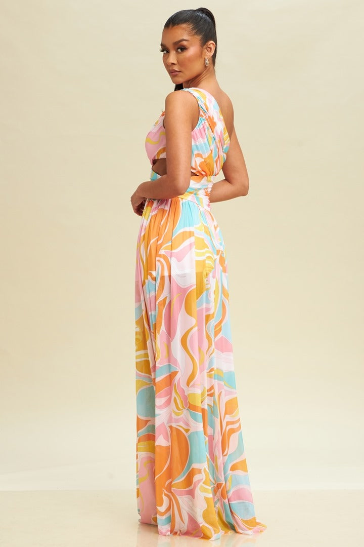 PINK MULTI LONG MAXI SUMMER DRESS WITH SIDE CUT OUT