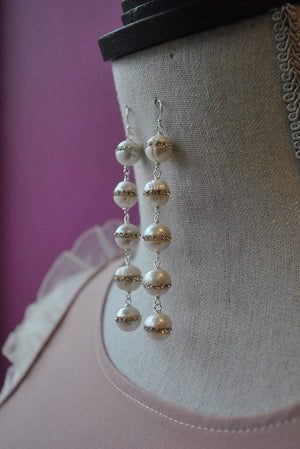 WHITE FRESHWATER PEALRS WITH SWAROVSKI CRYSTALS LONG STATEMENT EARRINGS