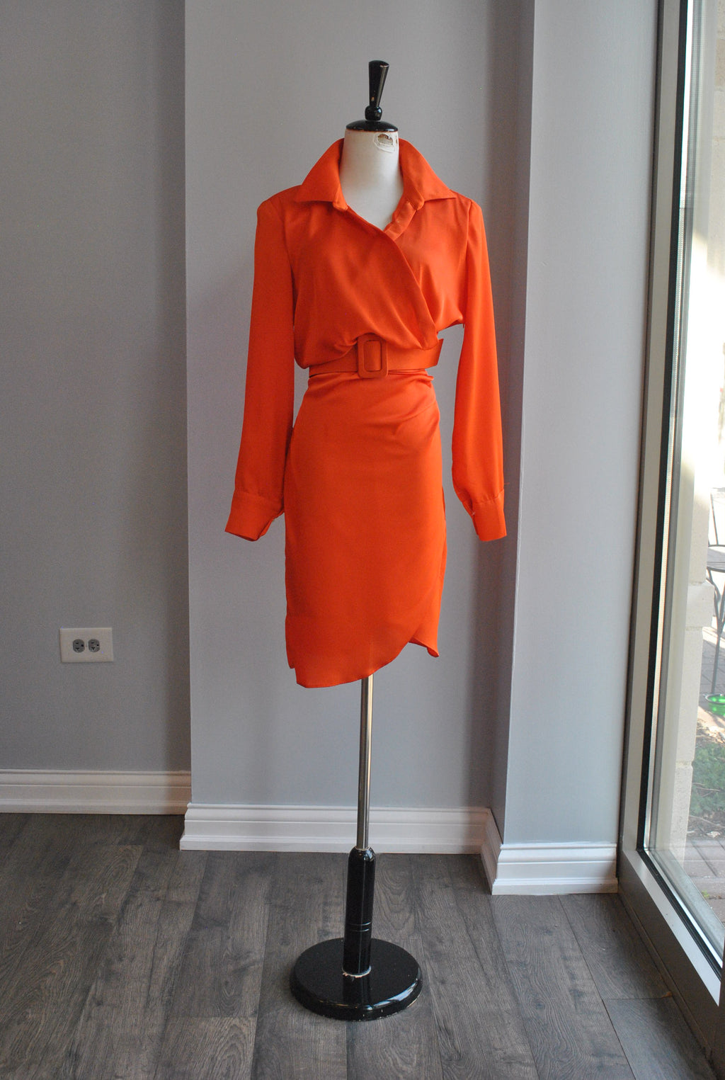 ORANGE SILKY DRESS WITH A BELT