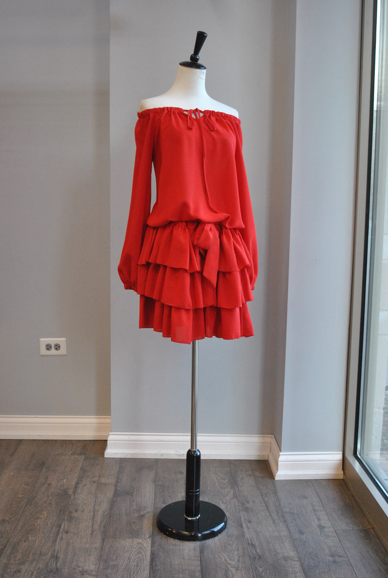 RED RUFFLE TUNIC OFF THE SHOULDER DRESS WITH RUFFLES