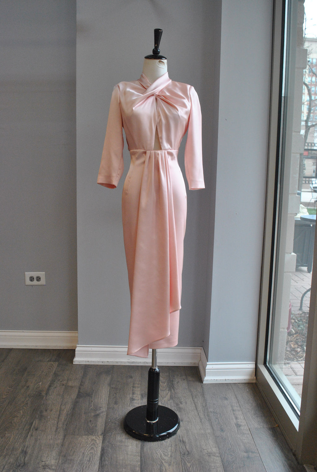 PEACH COLOR MIDI SILKY COCKTAIL DRESS