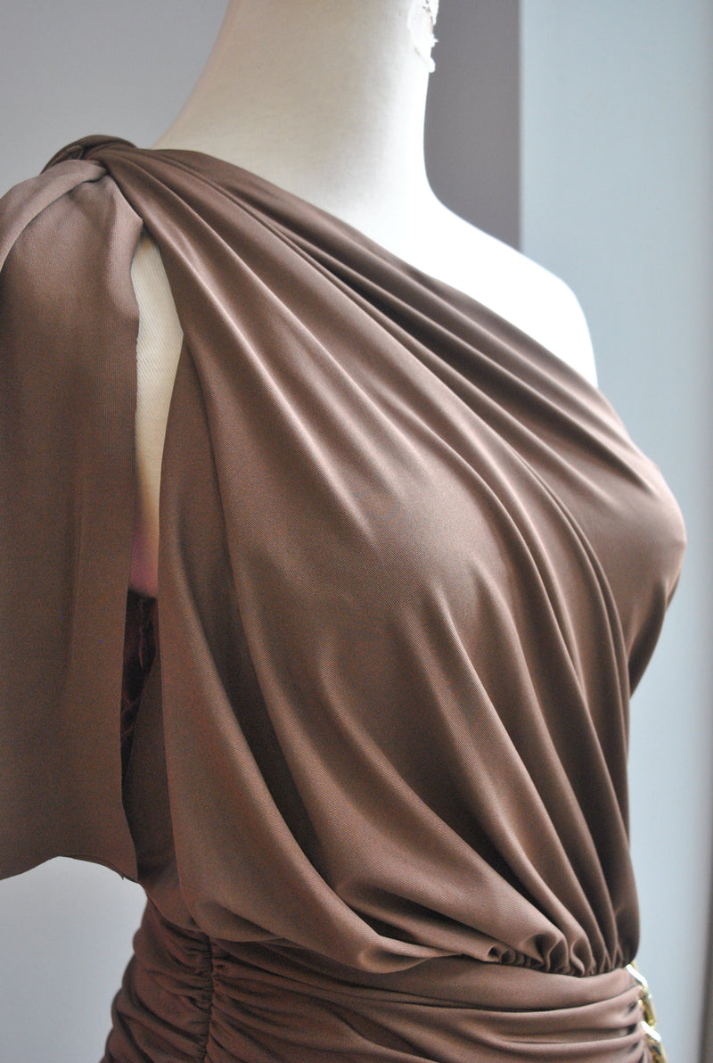 TAUPE ASYMMETRIC MINI PARTY DRESS