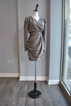 TAUPE MINI DRESS WITH RUSHING AND A BELT