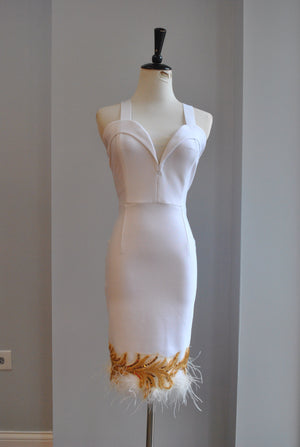 WHITE BANDAGE DRESS WITH FEATHERS