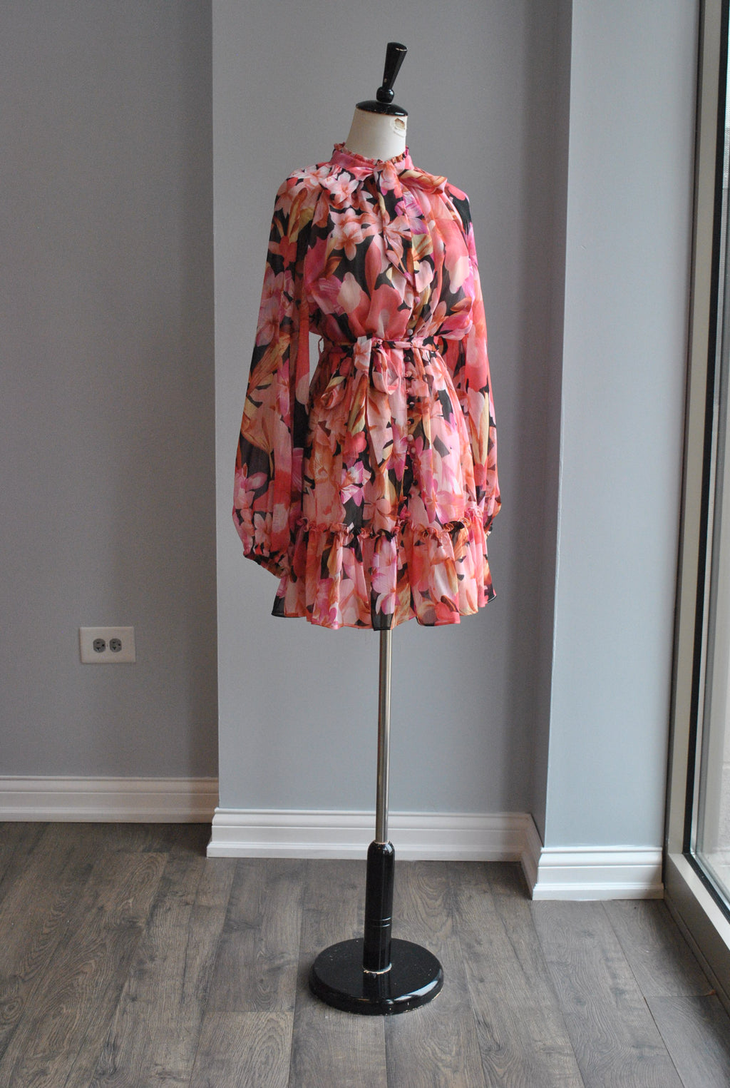 PINK MULTI MINI FLOWY DRESS WITH HIGH NECK