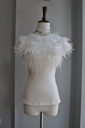 WHITE MESH TOP WITH FEATHERS