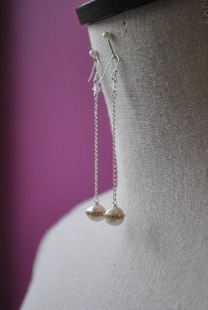 WHITE FRESHWATER PEARLS WITH SWAROVSKI CRYSTALS LONG EARRINGS