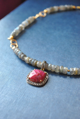 PINK PERUVIAN OPAL LONG NECKLACE WITH DETACHABLE LABRADORITE AND LEATHER TASSEL PENDANT