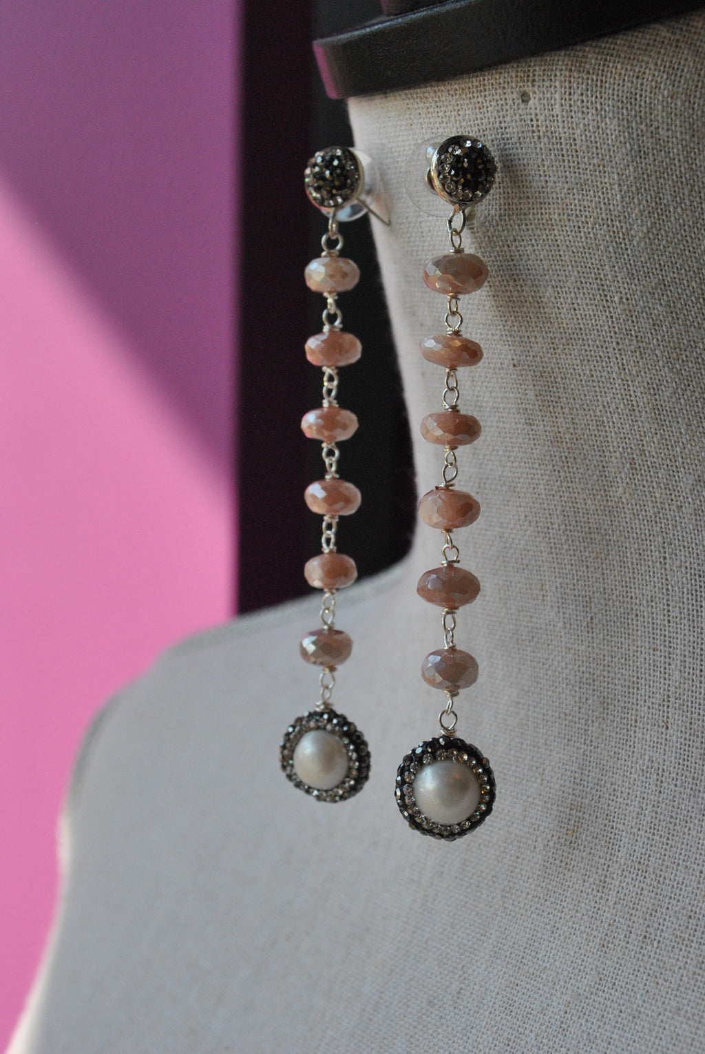 PEACH MOONSTONES WHITE PEARLS AND SWAROVSKI CRYSTALS LONG STATEMENT EARRINGS