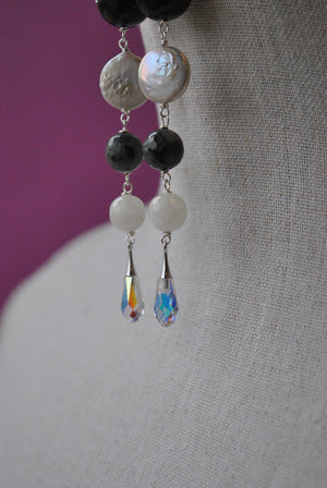 WHITE AND BLACK MULTISTONES LONG EARRINGS WITH SWAROVSKI CRYSTALS