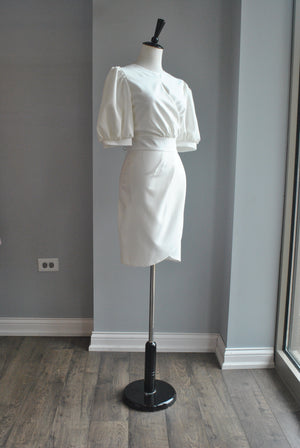 WHITE SUMMER COCKTAIL DRESS WITH SIDE RUSHING