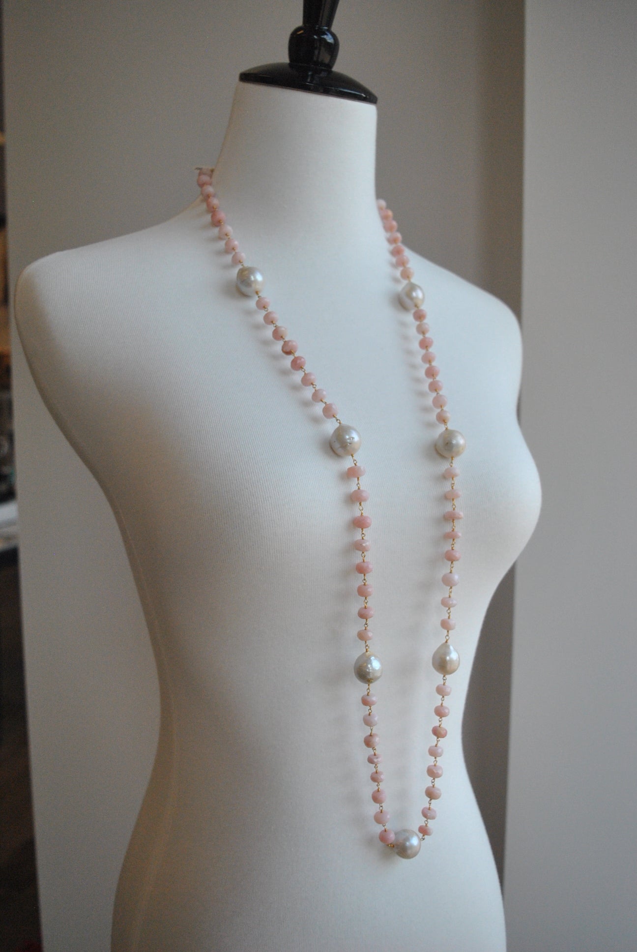 Peruvian Pink Opal, Swarovski good Crystals, Freshwater Pearls, Sterling and Pewter Necklace and Earrings