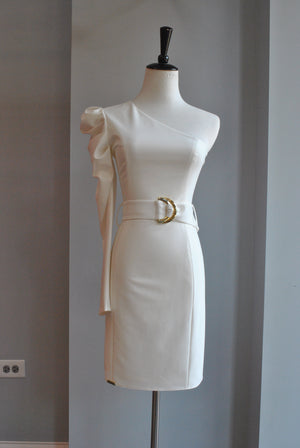 WHITE ASYMMETRIC DRESS WITH A BELT