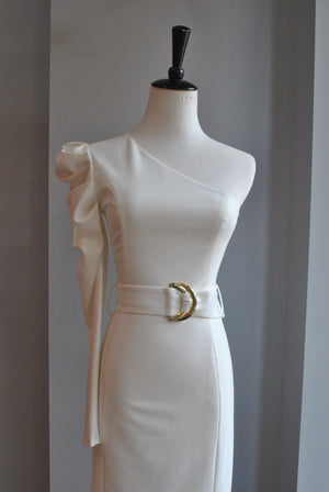 WHITE ASYMMETRIC DRESS WITH A BELT