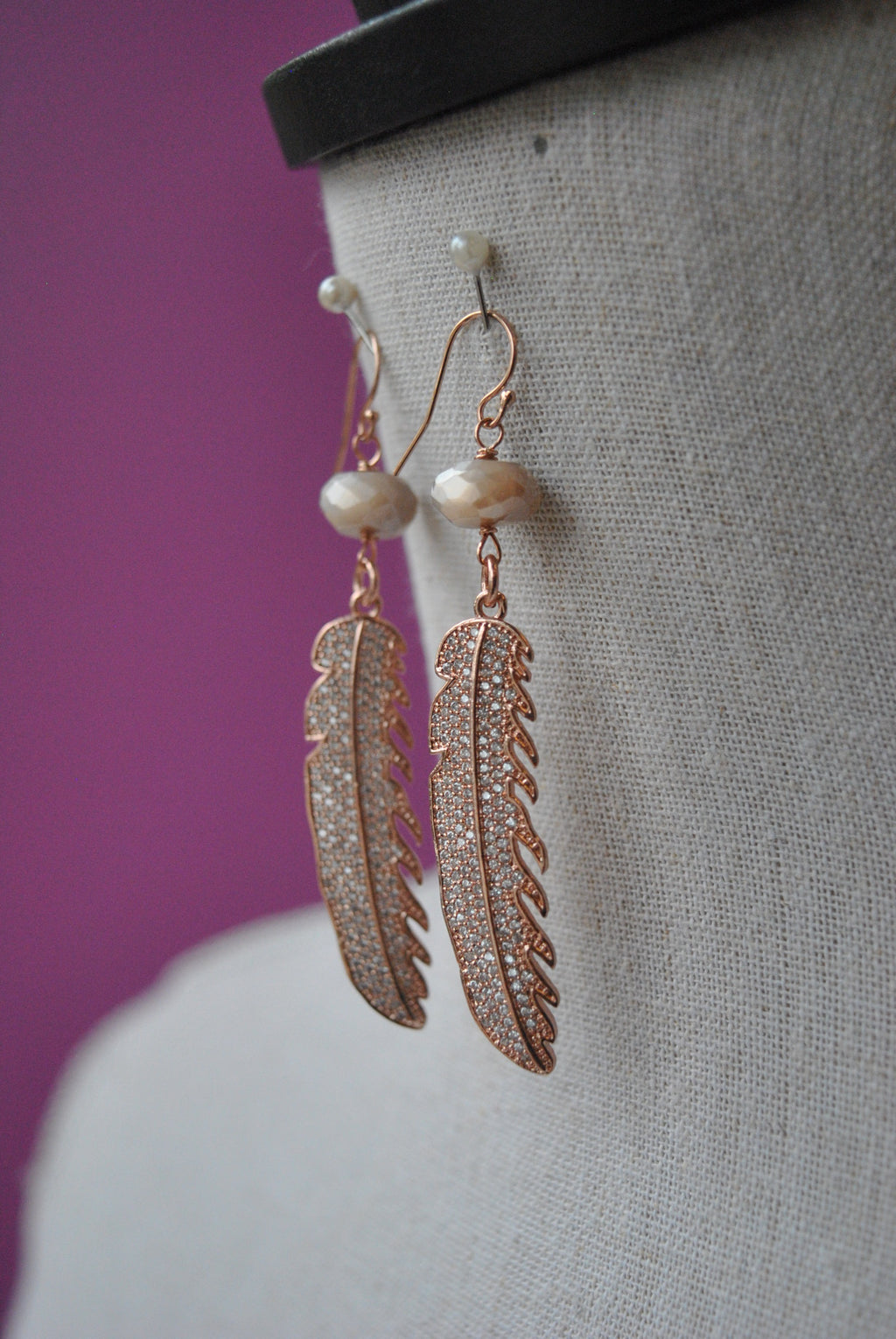 PEACH MOONSTONES RHINESTONES FEATHERS STATEMENT EARINGS WITH ROSE GOLD FINISH