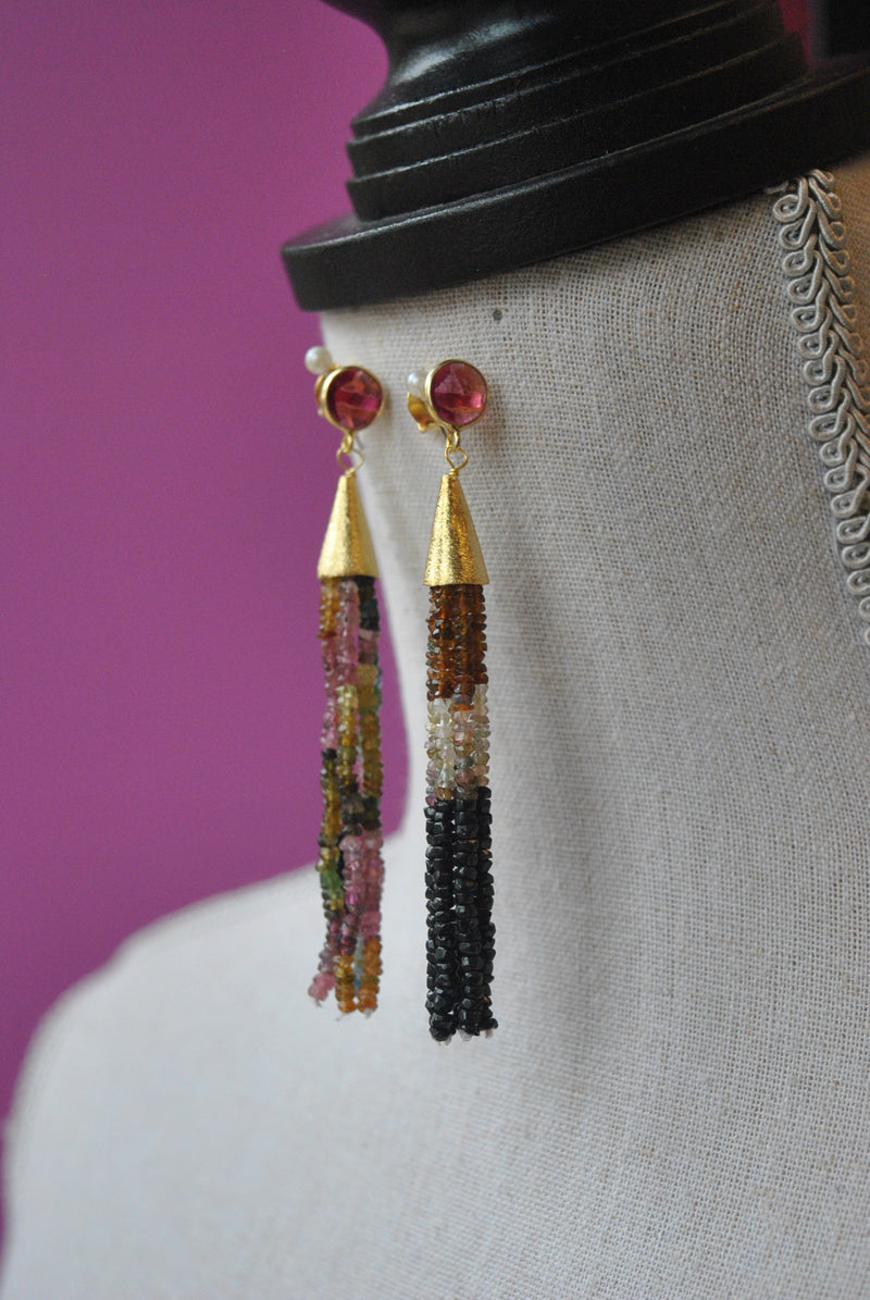 MULTICOLOR TOURMALINES LONG STATEMENT TASSLE EARRINGS