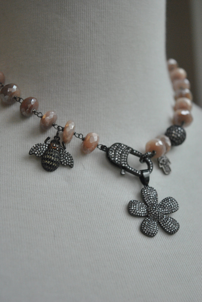 PEACH MOONSTONE ON GUNMETAL FINISH CHARM DOUBLE BRACELET OR A CHOKER