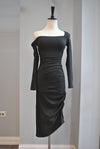 LITTLE BLACK ASYMMETRIC DRESS WITH SIDE RUSHING