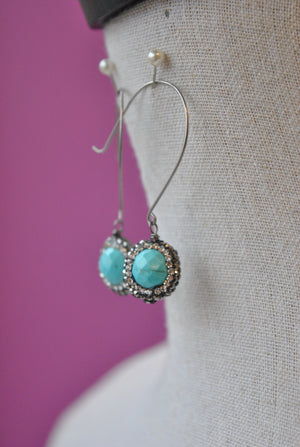 TURQUOISE HOWLITE AND SWAROVSKI CRYSTALS LONG EARRINGS