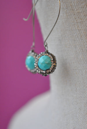 TURQUOISE HOWLITE AND SWAROVSKI CRYSTALS LONG EARRINGS