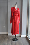 RED SILKY WRAP MIDI DRESS WITH SIDE POCKETS