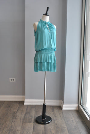 TEAL SILKY SLEEVELESS TUNIC SUMMER DRESS WITH ELASTIC WAIST