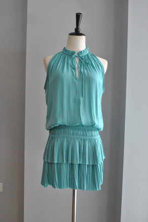 TEAL SILKY SLEEVELESS TUNIC SUMMER DRESS WITH ELASTIC WAIST