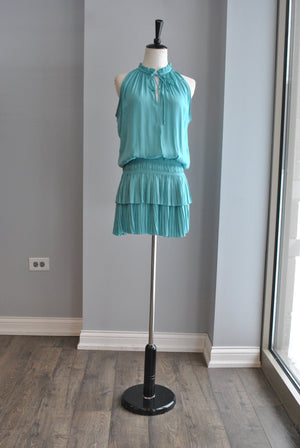 TEAL SILKY SLEEVELESS TUNIC SUMMER DRESS WITH ELASTIC WAIST