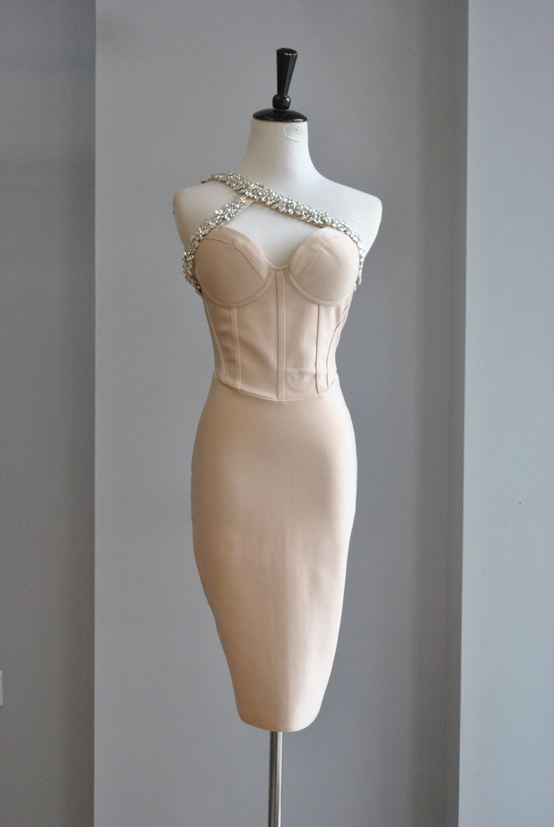 BEIGE BANDAGE DRESS WITH RHINESTONES – Le Obsession Boutique